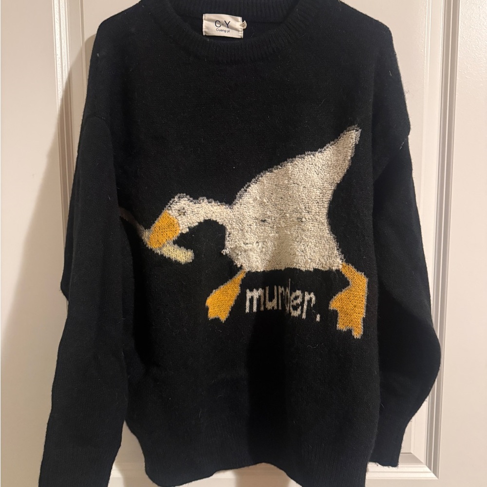 “Murder” Comfy Black Sweater with Goose